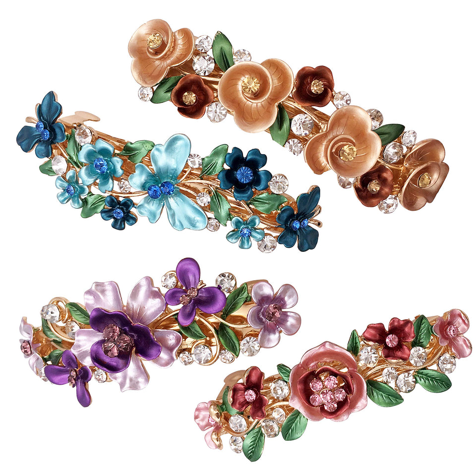 Lizzie Kay pink vintage floral barrette close-up with rhinestones for glamorous outfits.