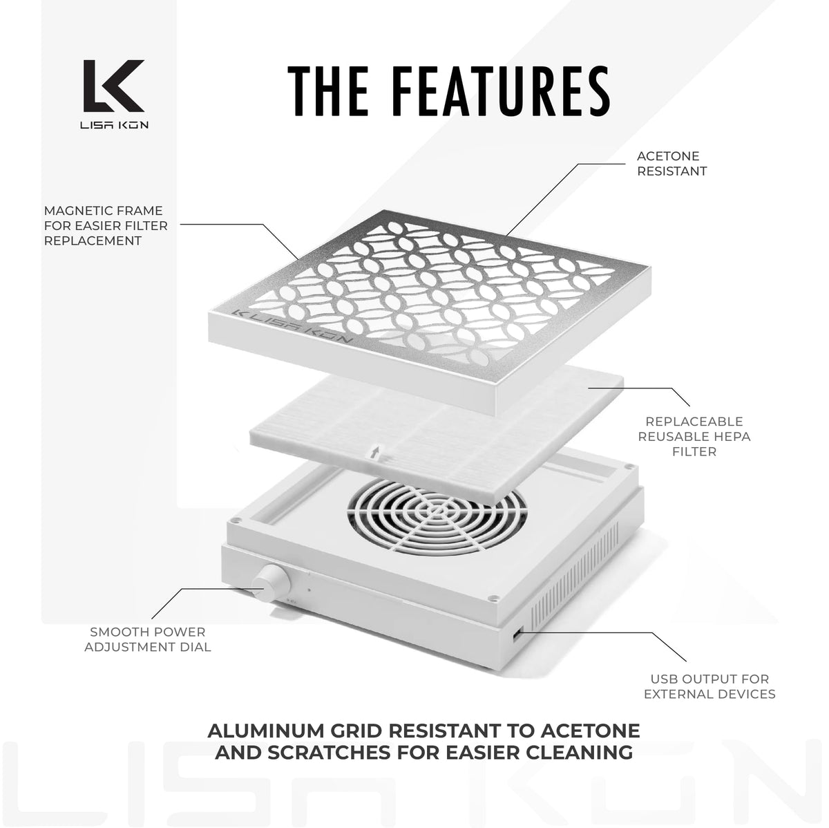 LK LISA KON nail dust collector top view with reusable filter and ventilation.