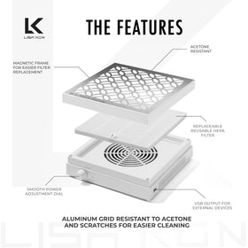 LK LISA KON nail dust collector top view with reusable filter and ventilation.