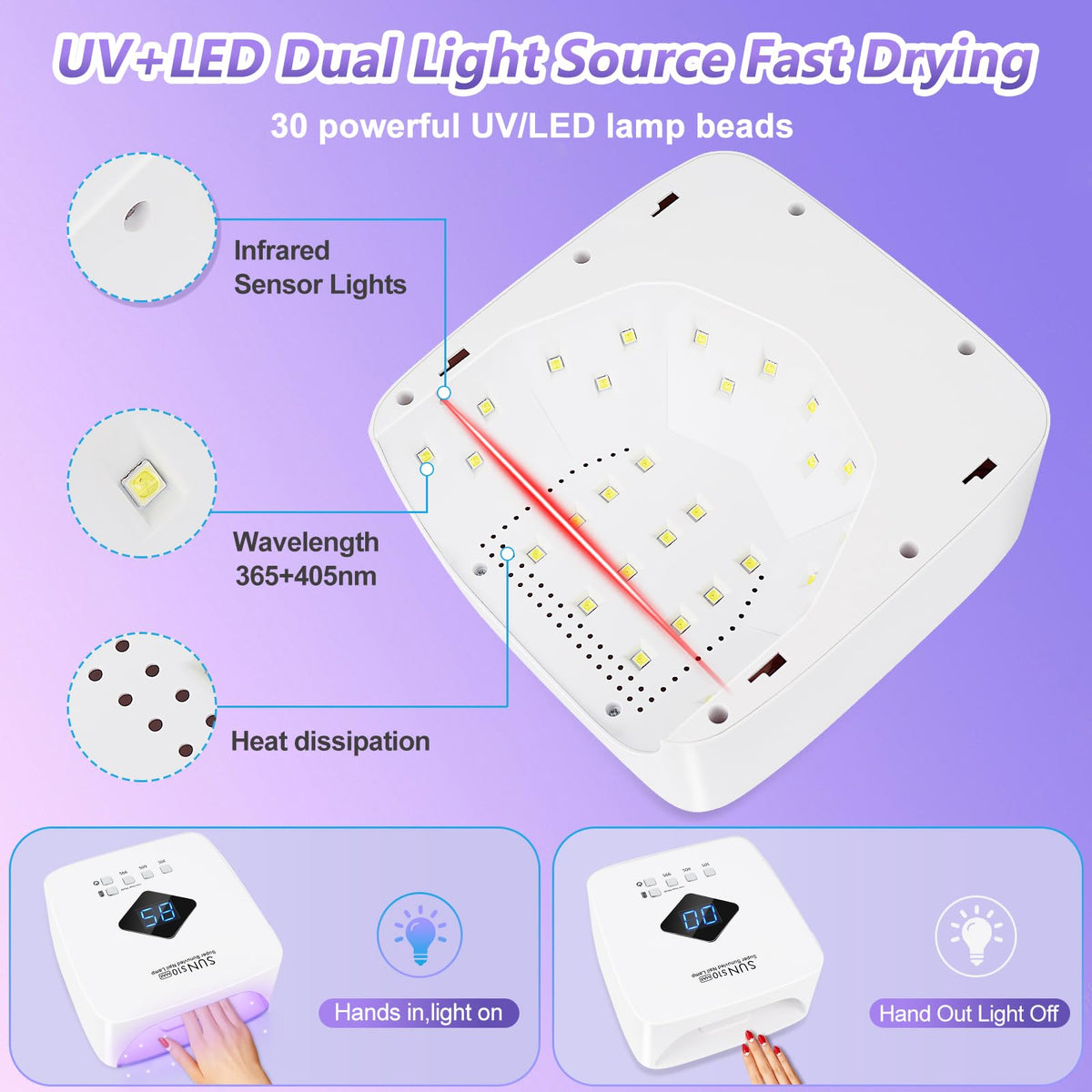 LKE cordless UV nail lamp interior diodes with dual-spectrum light