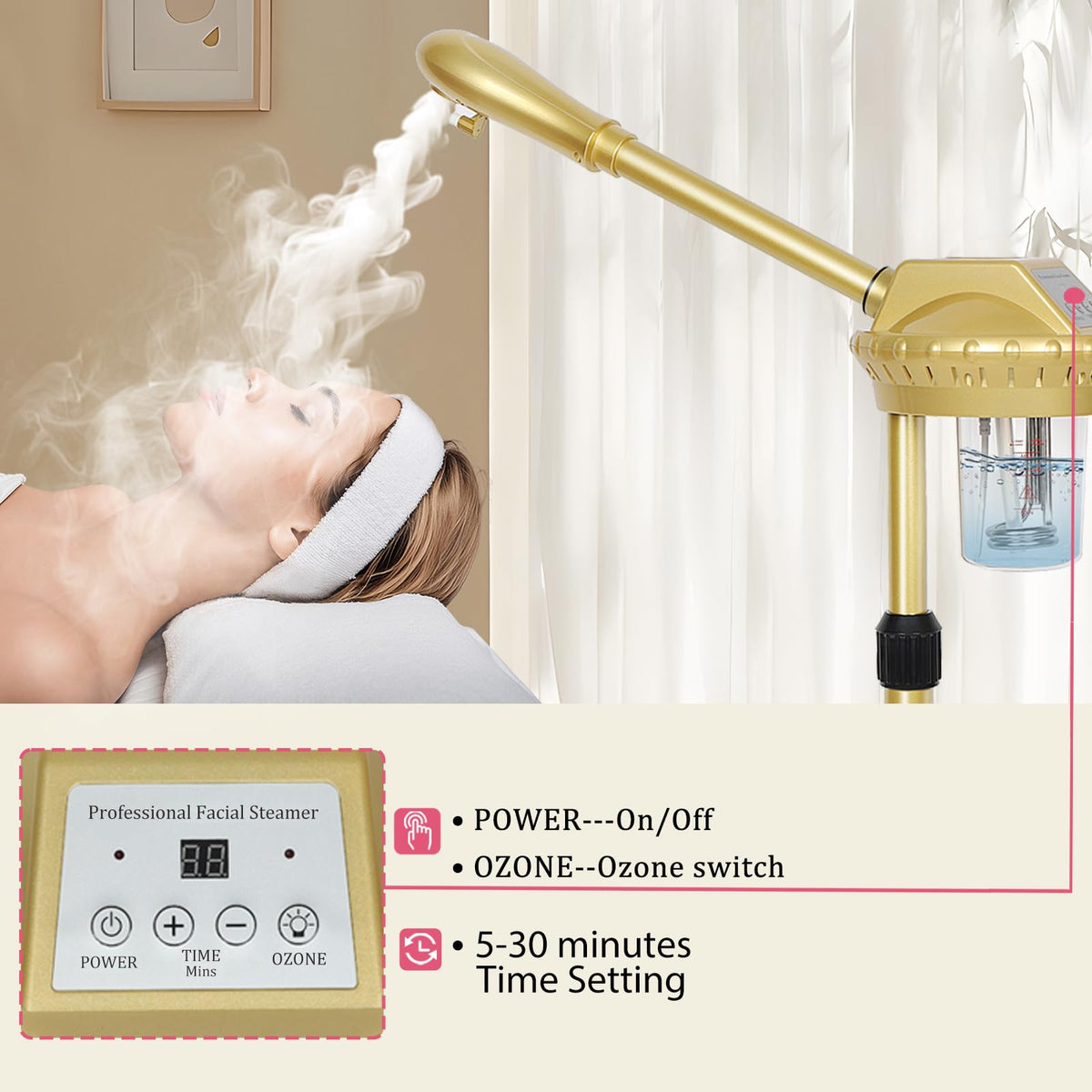 LKT COBTAC facial steamer with 30-minute timer for extended sessions.