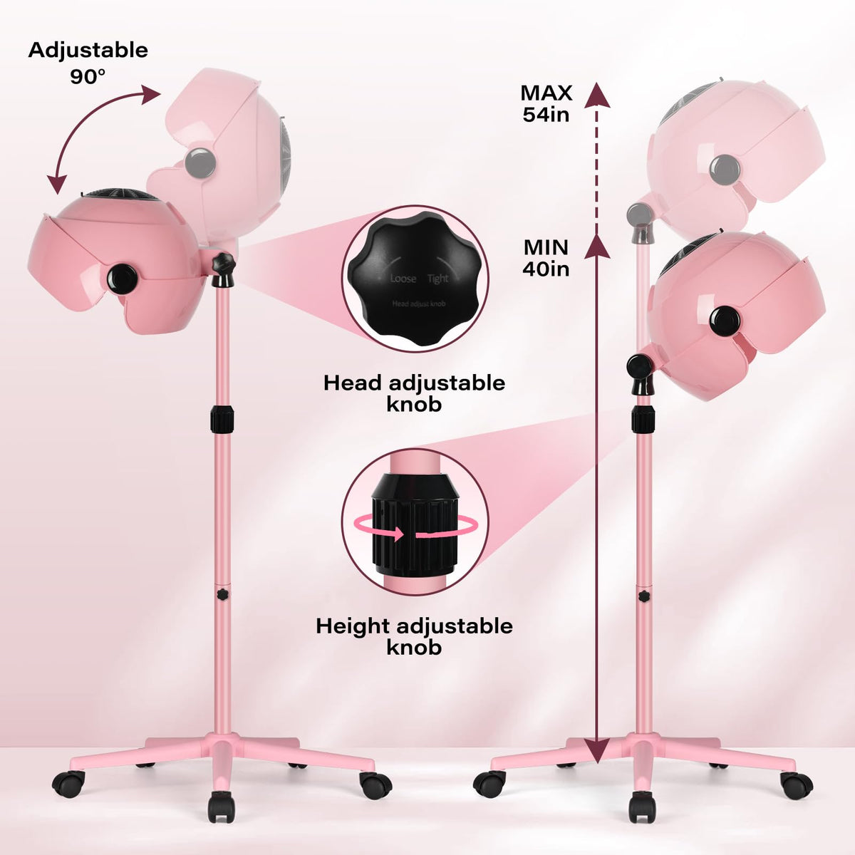 LKT COBTAC hooded dryer rotates 90 degrees for flexible positioning.