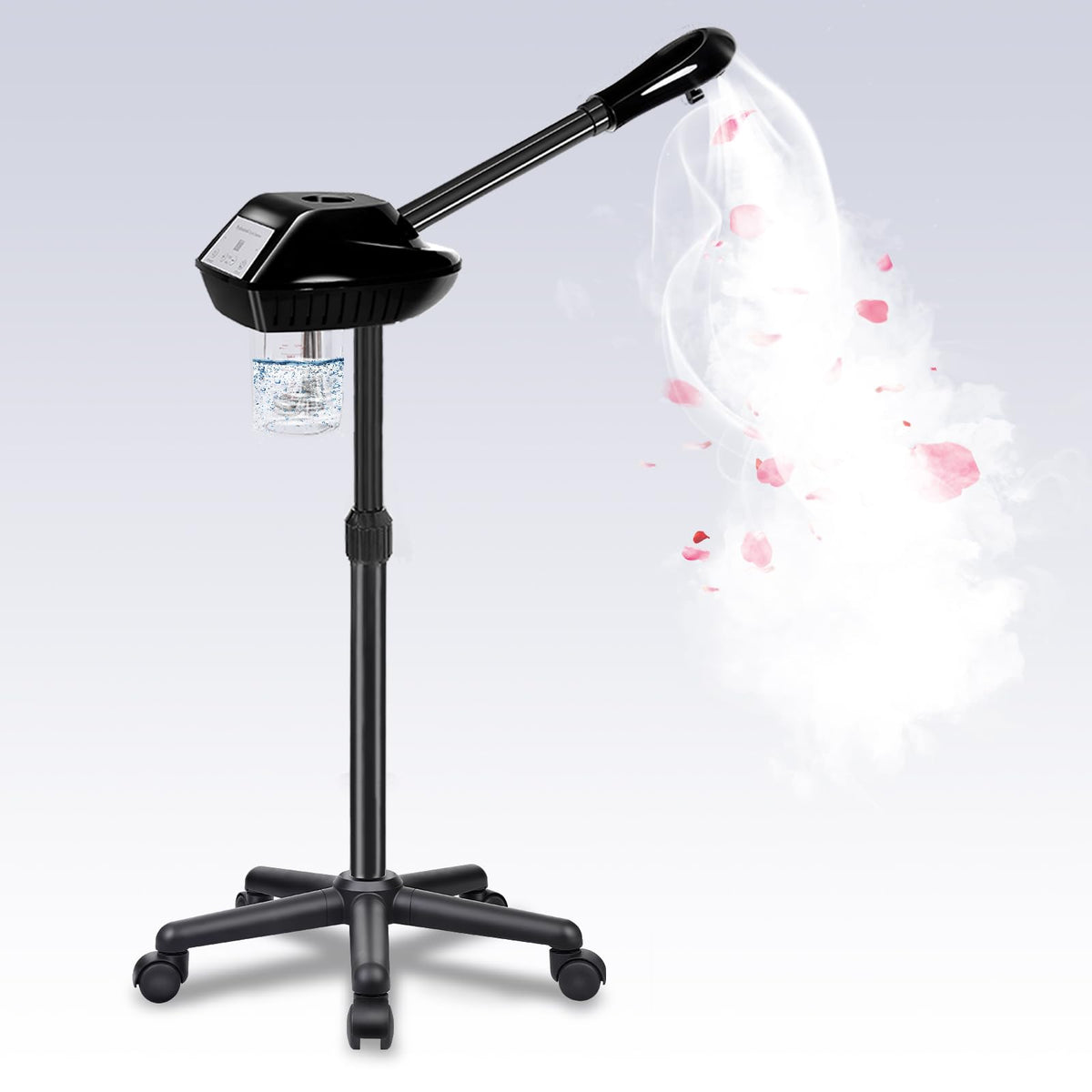 LKT COBTAC facial steamer on wheels seen from the front for easy mobility.