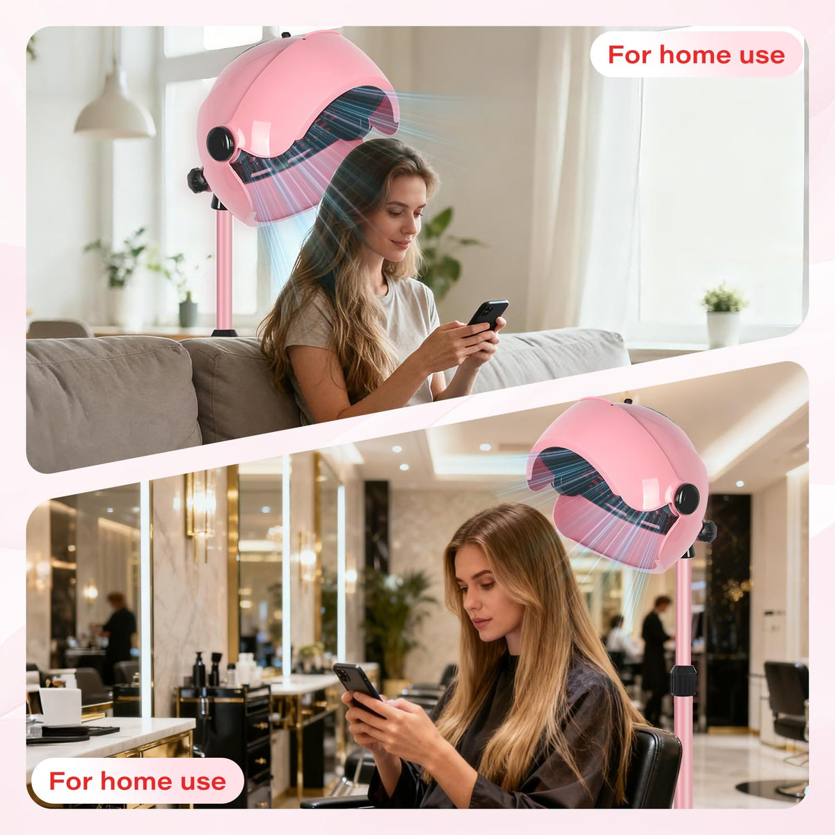 LKT COBTAC pink hooded dryer on wheels for easy repositioning.