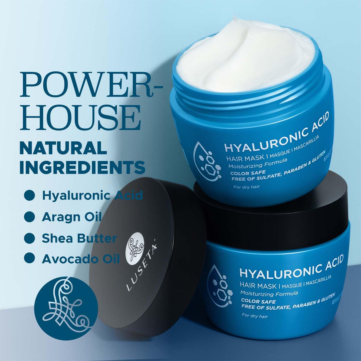 L LUSETA bottle highlights avocado oil and shea butter nourishing your strands.