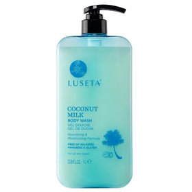 L LUSETA Coconut Milk Body Wash bottle shows deep hydration for all skin types.