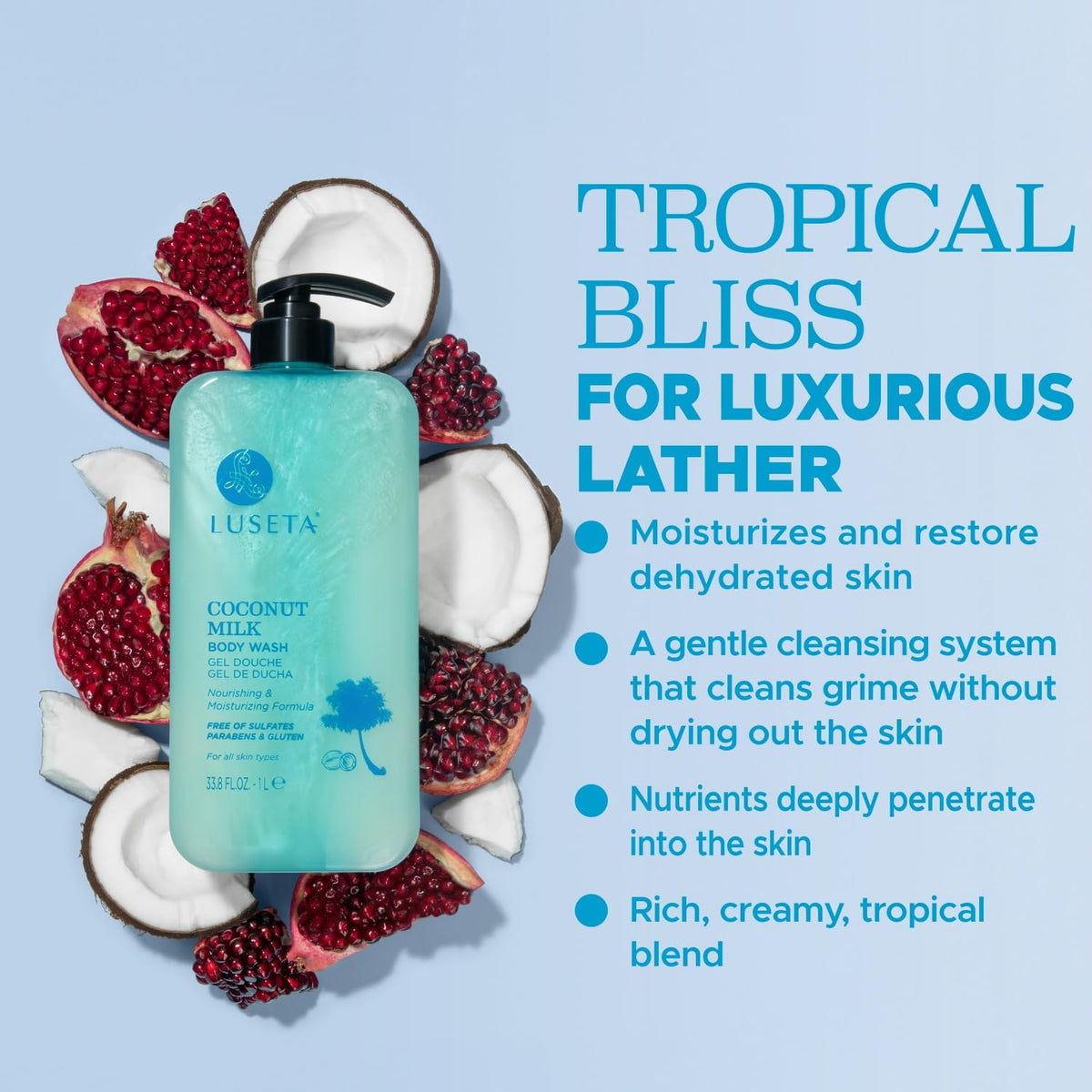 L LUSETA Coconut Milk Body Wash rich lather demonstrates cleansing without stripping moisture.