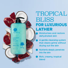L LUSETA Coconut Milk Body Wash rich lather demonstrates cleansing without stripping moisture.