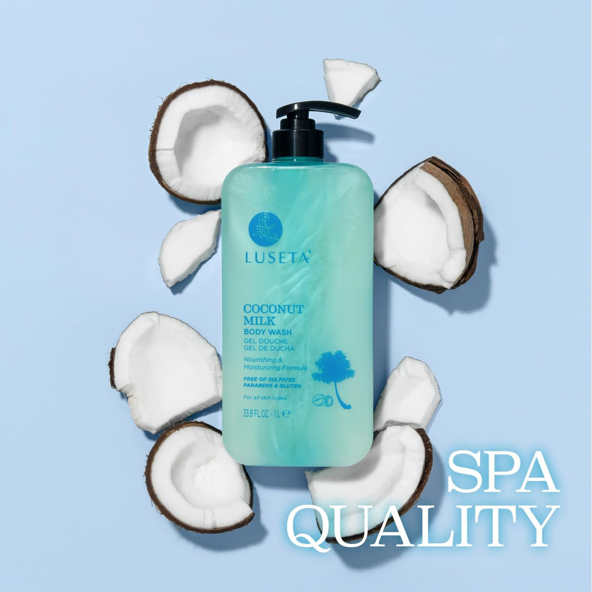 L LUSETA Coconut Milk Body Wash packaging in bright bathroom scene emphasizes safe, cruelty-free care.