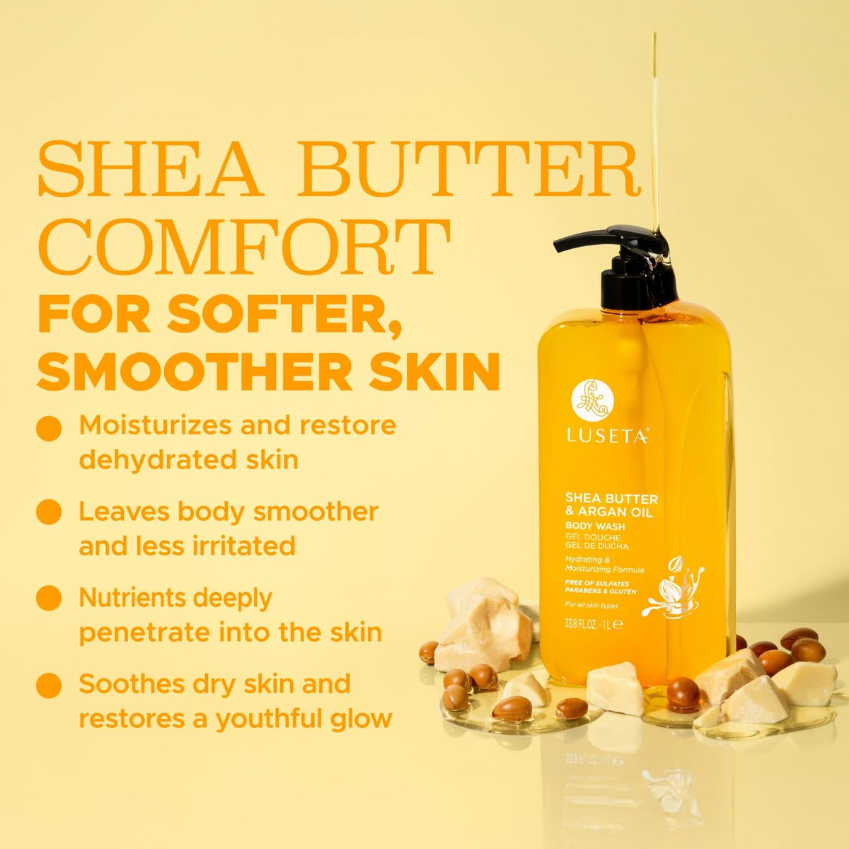 Argan oil droplets on skin after LLUSETA wash for smooth feel