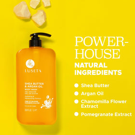 LLUSETA body wash on clean shower shelf with sensitive skin formula