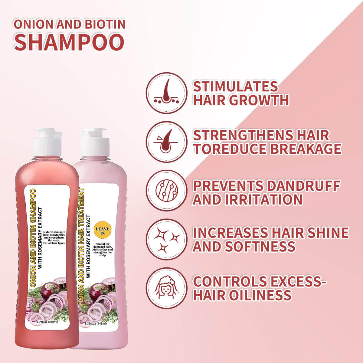 LMDGDS Onion Biotin & Rosemary Shampoo label close-up emphasizes natural ingredients.