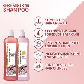 LMDGDS Onion Biotin & Rosemary Shampoo label close-up emphasizes natural ingredients.