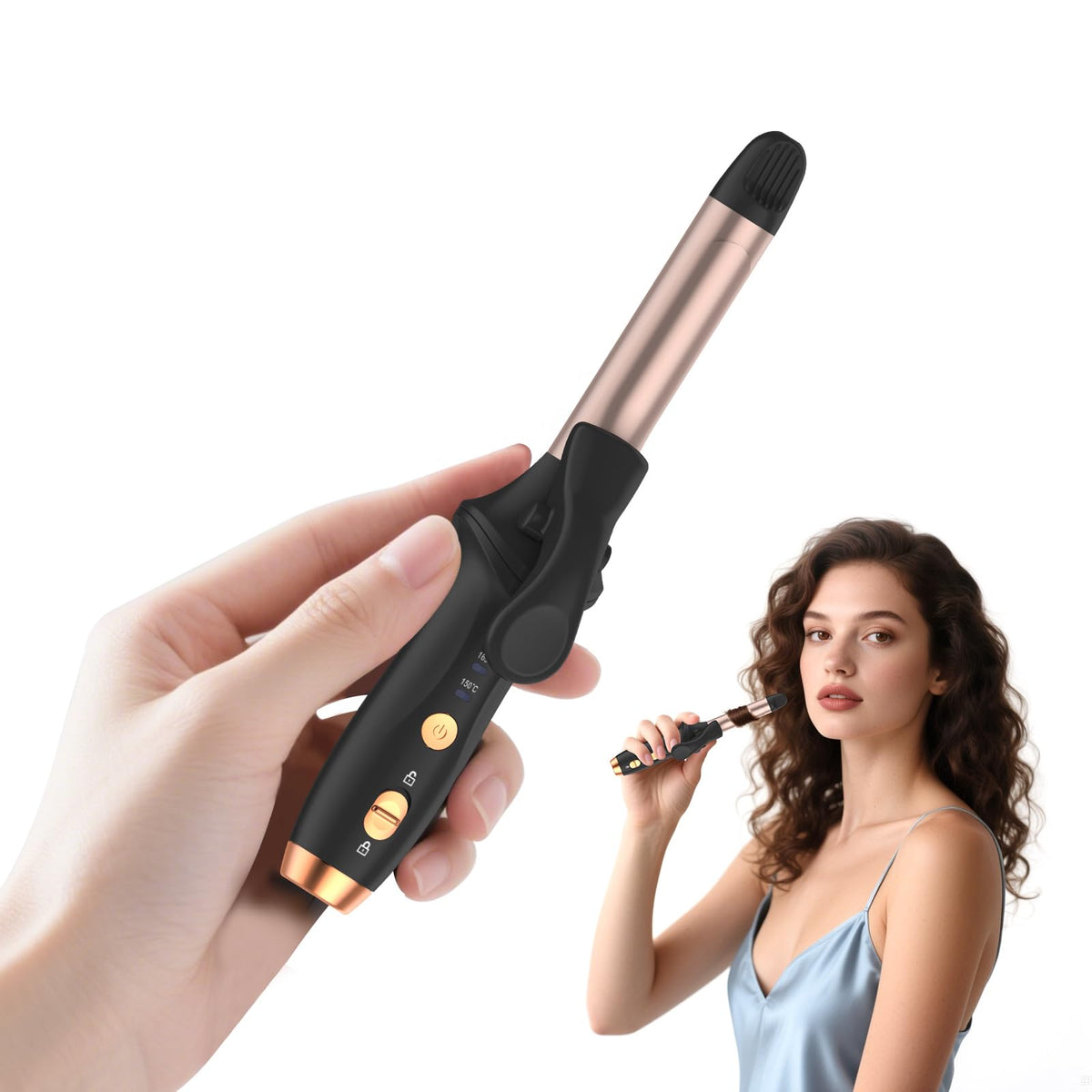 LNSTN cordless curling iron with compact design for portable styling on the go.