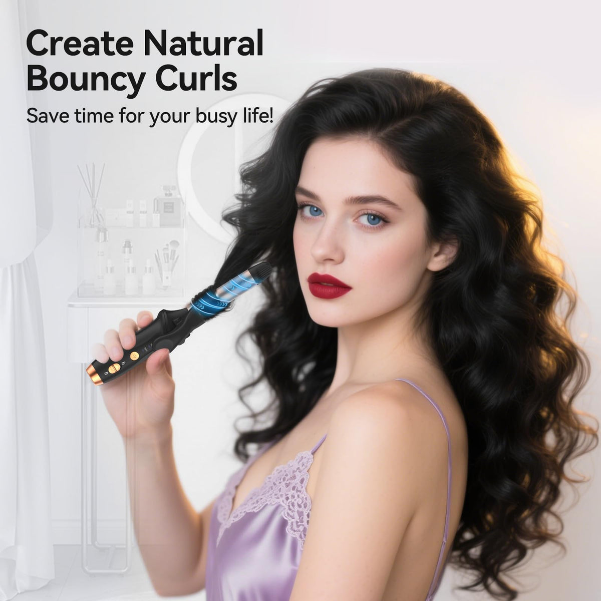 LNSTN cordless curling iron shows LED display and 3 temperature levels for versatile styling.
