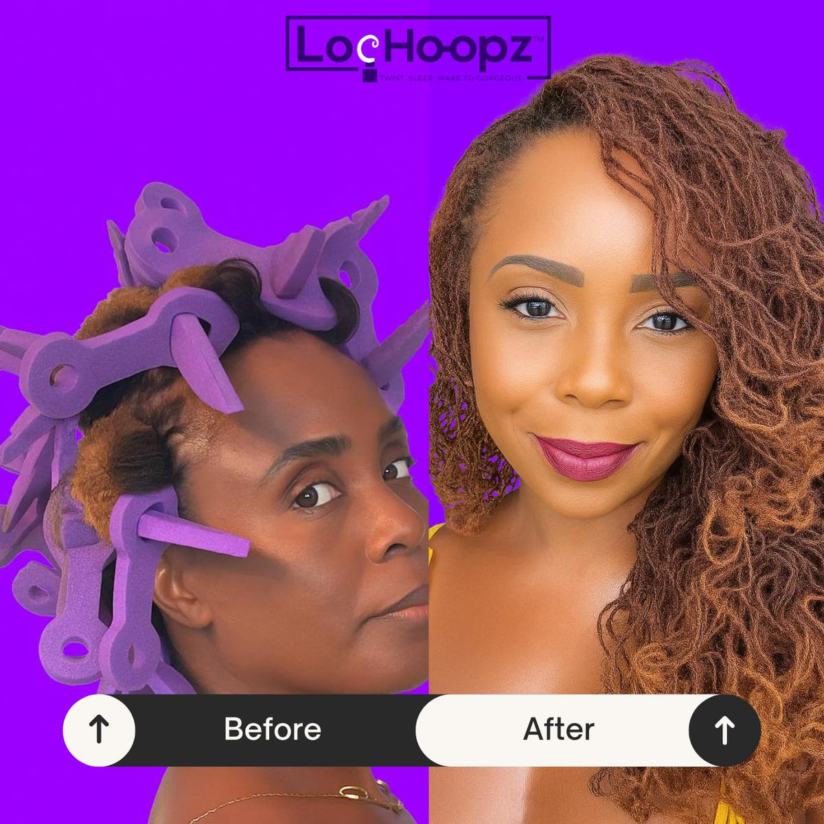 Loc Hoopz overnight curling setup showing soft volume after sleep
