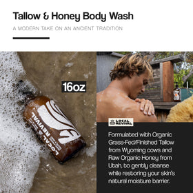 Local Revival Tallow and Honey Body Wash label close-up highlighting moisturizing oils and shea butter.