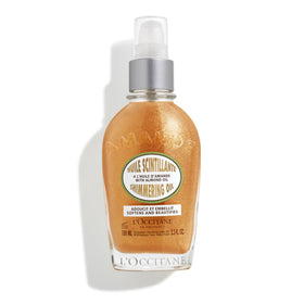 L'OCCITANE almond shimmering body oil bottle shows radiant glow and fast absorption.