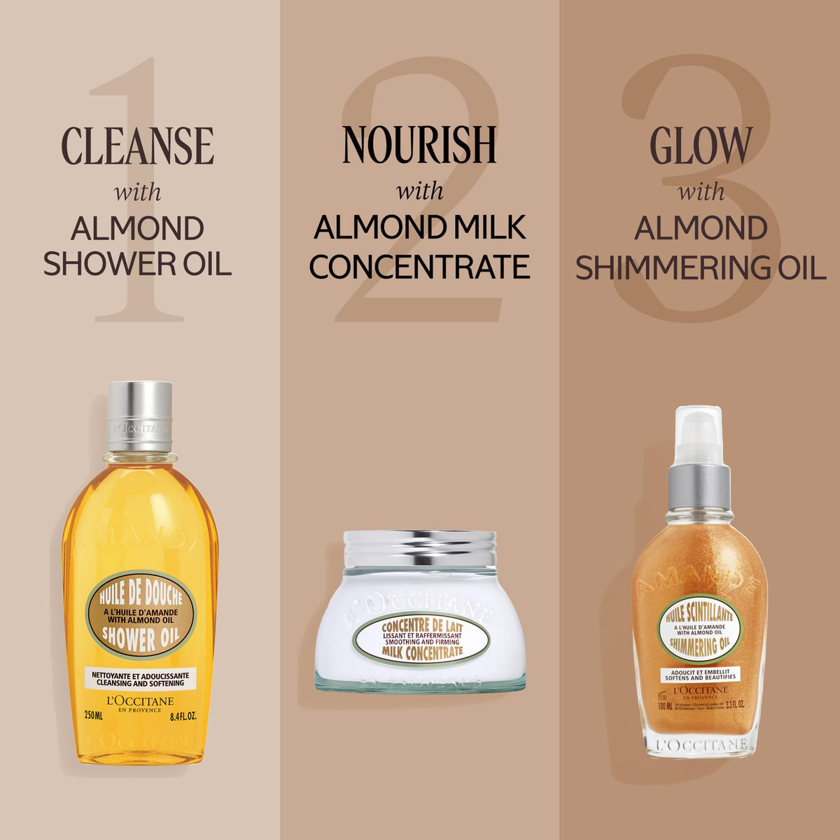 L'OCCITANE almond shimmering body oil on skin delivers a luminous glow.