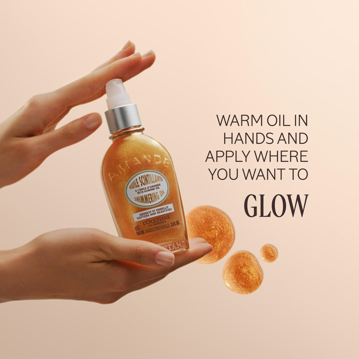 L'OCCITANE almond shimmering body oil texture close-up reveals silky, lightweight finish.