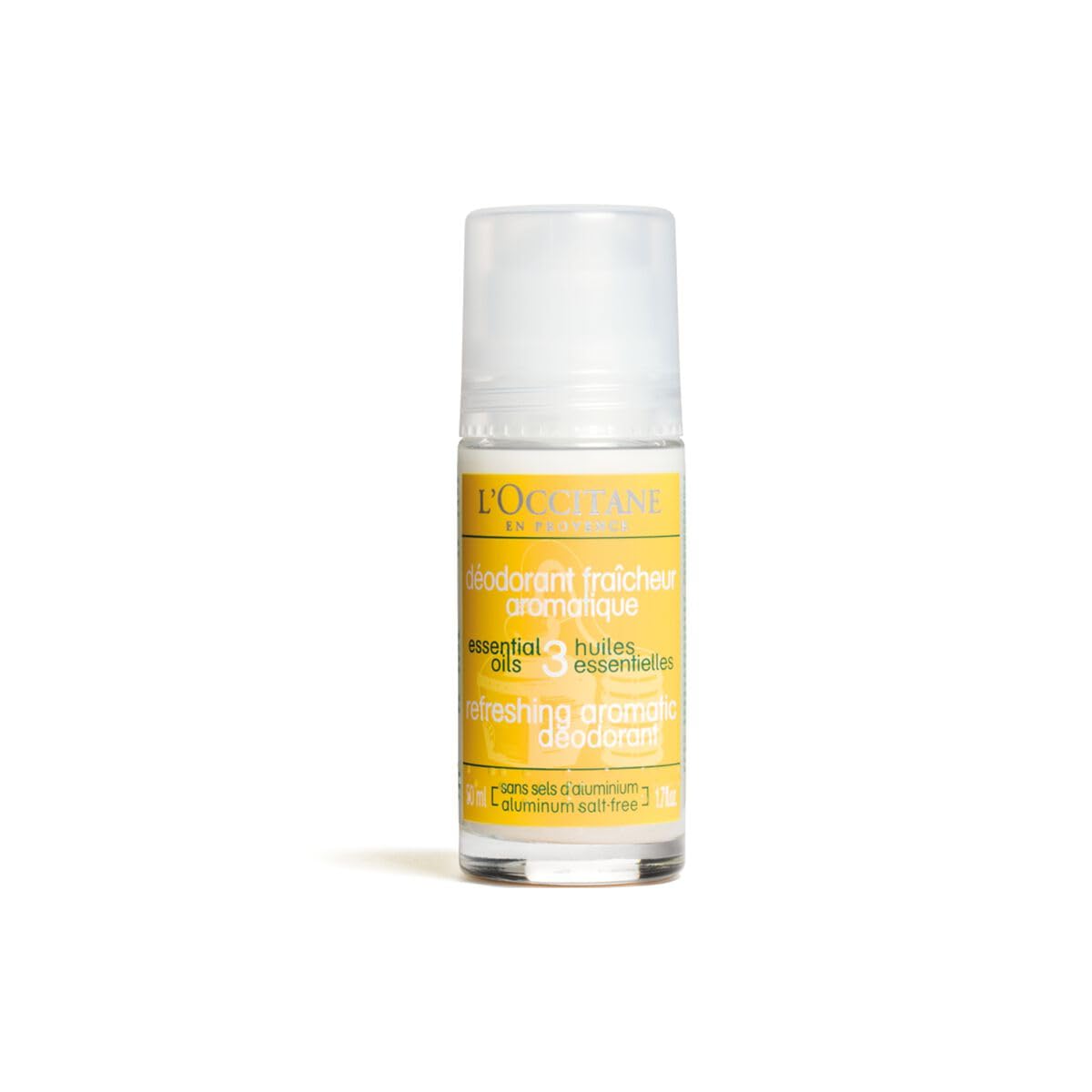 L'Occitane Aromachologie deodorant bottle with roll-on, aluminum-free formula and refreshing scent.