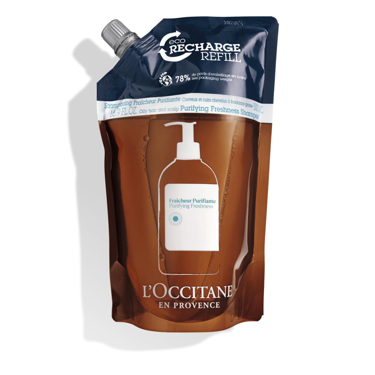 L'OCCITANE Aromachologie Purifying Freshness refill bottle close-up for a refreshing scalp.