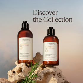 L'OCCITANE Aromachologie usage shot demonstrates scalp massage and rinsing technique