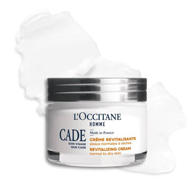 L'OCCITANE Cade Revitalizing Cream swatch shows creamy texture and firmness benefit