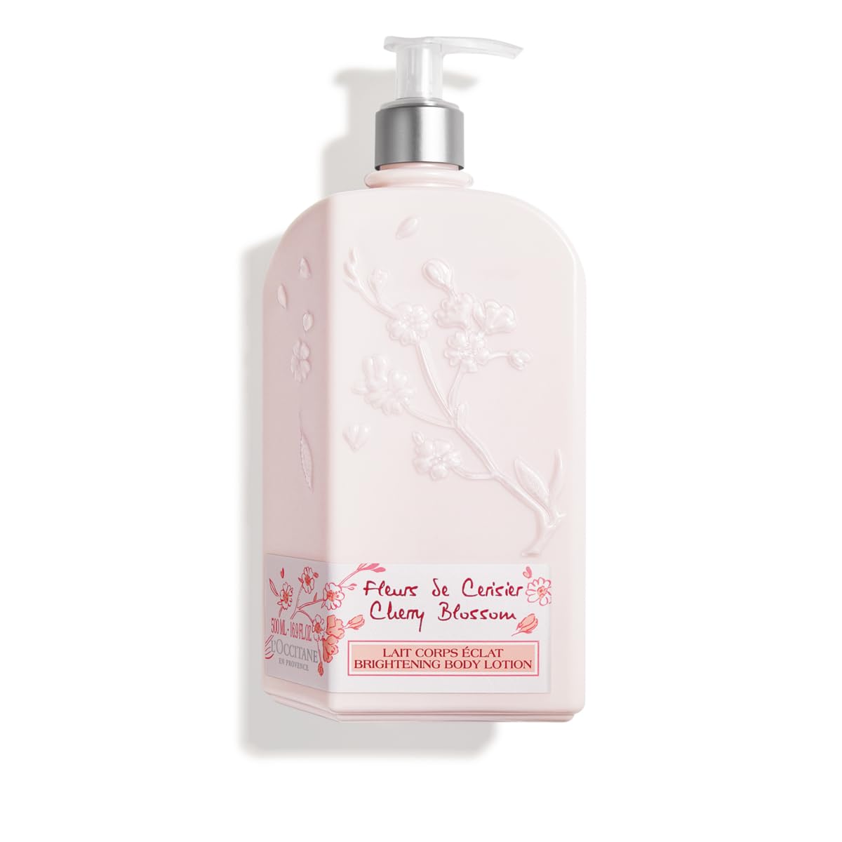 L'Occitane Cherry Blossom Shimmering Lotion bottle front with a luminous glow.