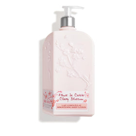 L'Occitane Cherry Blossom Shimmering Lotion bottle front with a luminous glow.