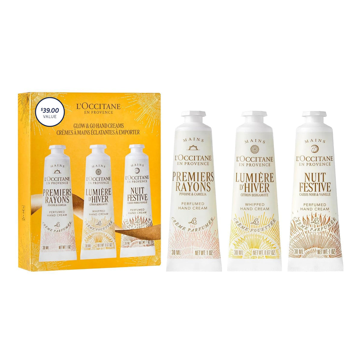 L'Occitane Glow & Go Peony hand cream trio for daily hydration.