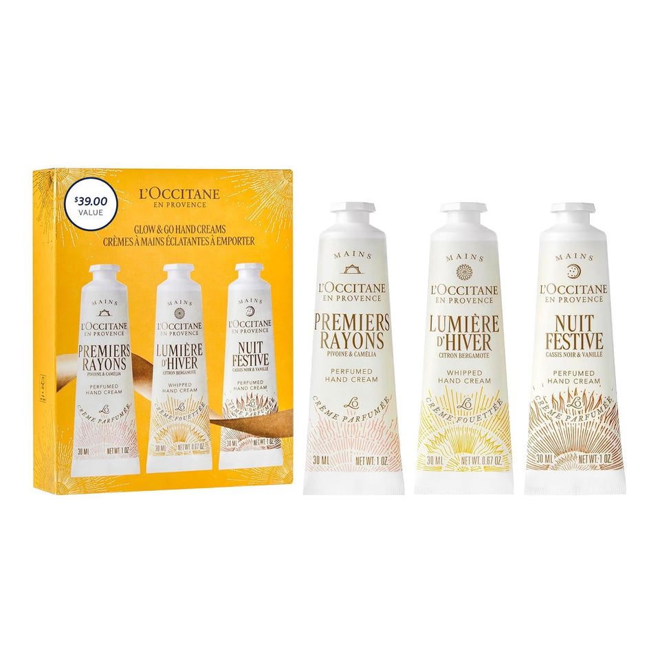 L'Occitane Glow & Go Peony hand cream trio for daily hydration.
