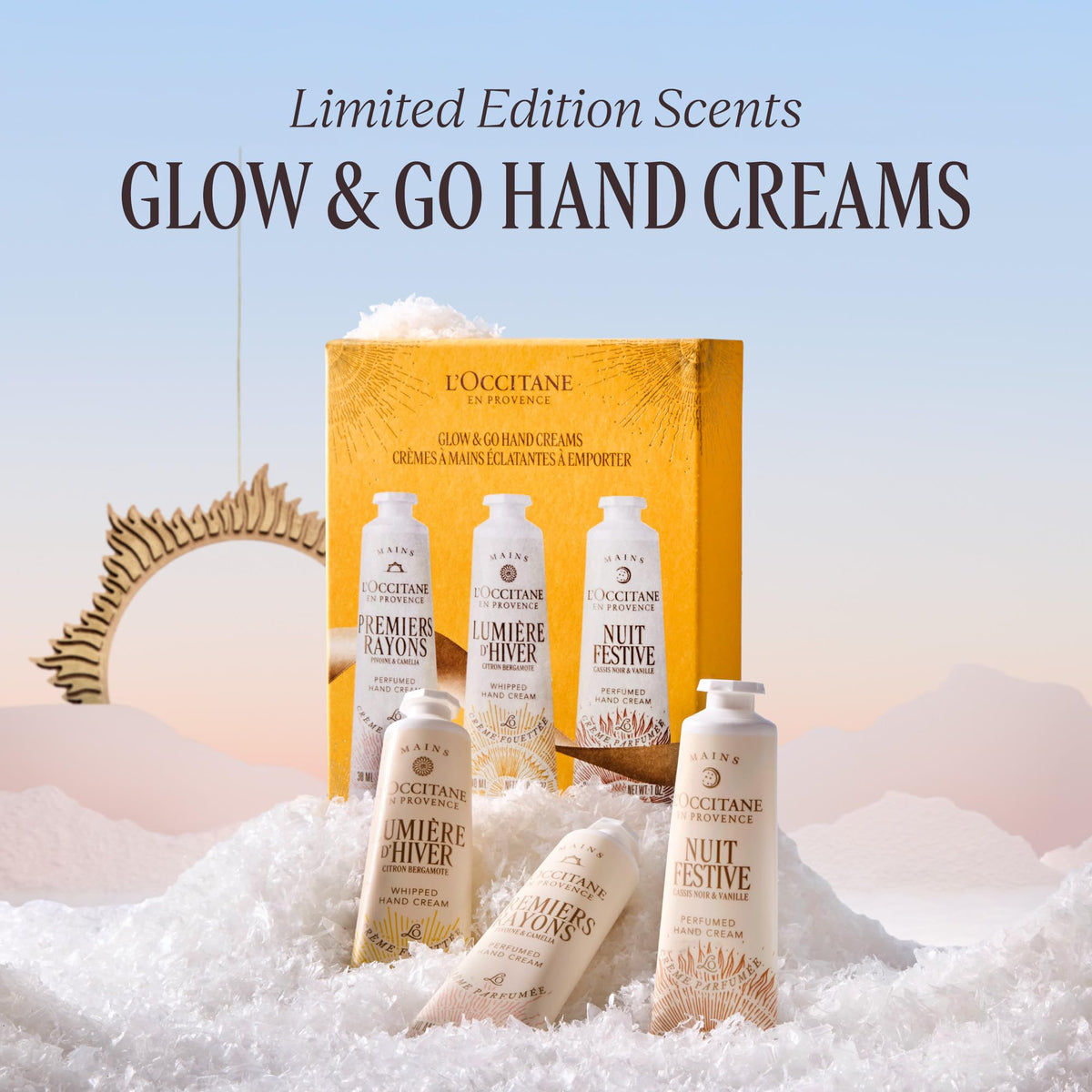 L'Occitane Glow & Go Vanilla hand cream trio provides creamy scent and softness.