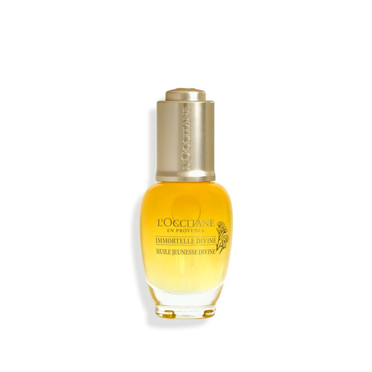 L'Occitane Immortelle Divine Oil bottle close-up highlighting silky texture and hydration.