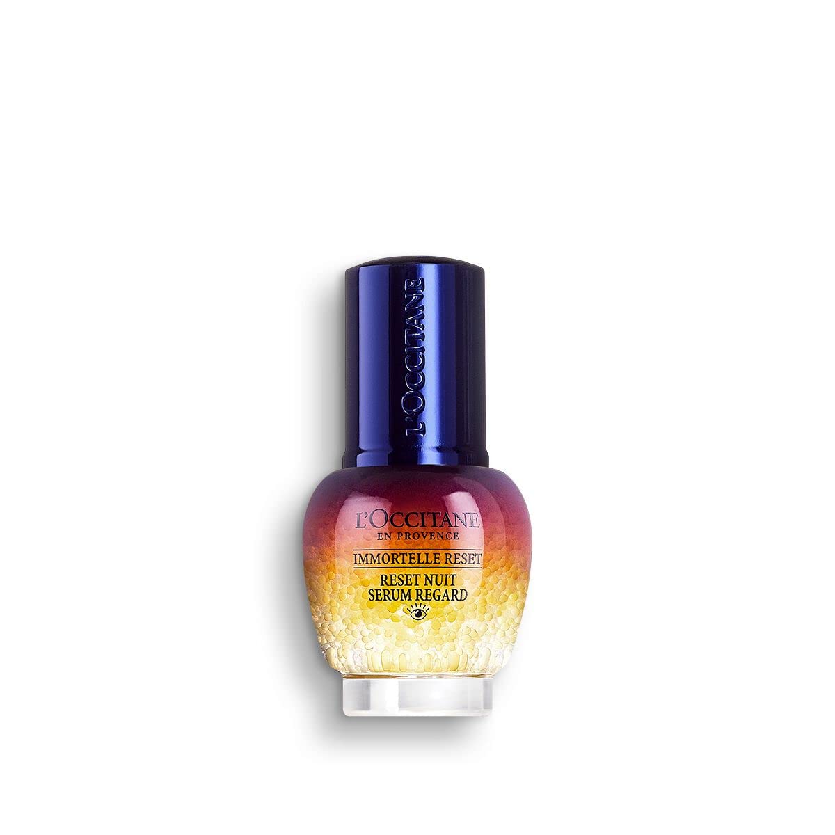 L'Occitane Immortelle bottle image shows the premium eye serum ready for nightly use to revitalize tired-looking eyes.