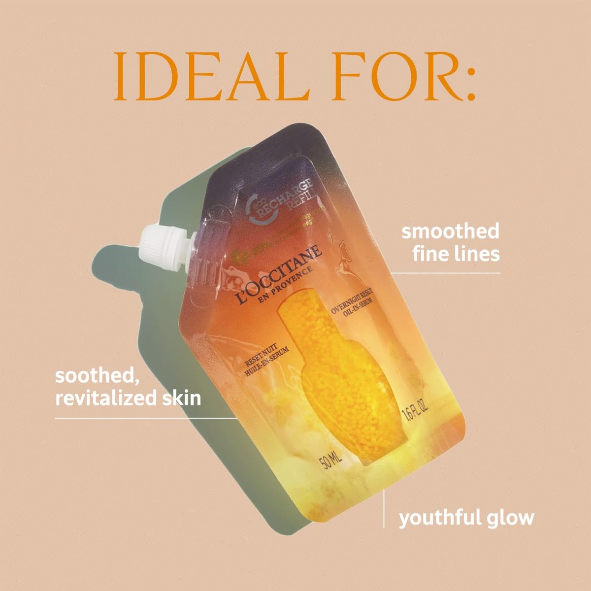 L'Occitane Immortelle Overnight Reset swirl texture highlights a non-greasy finish.