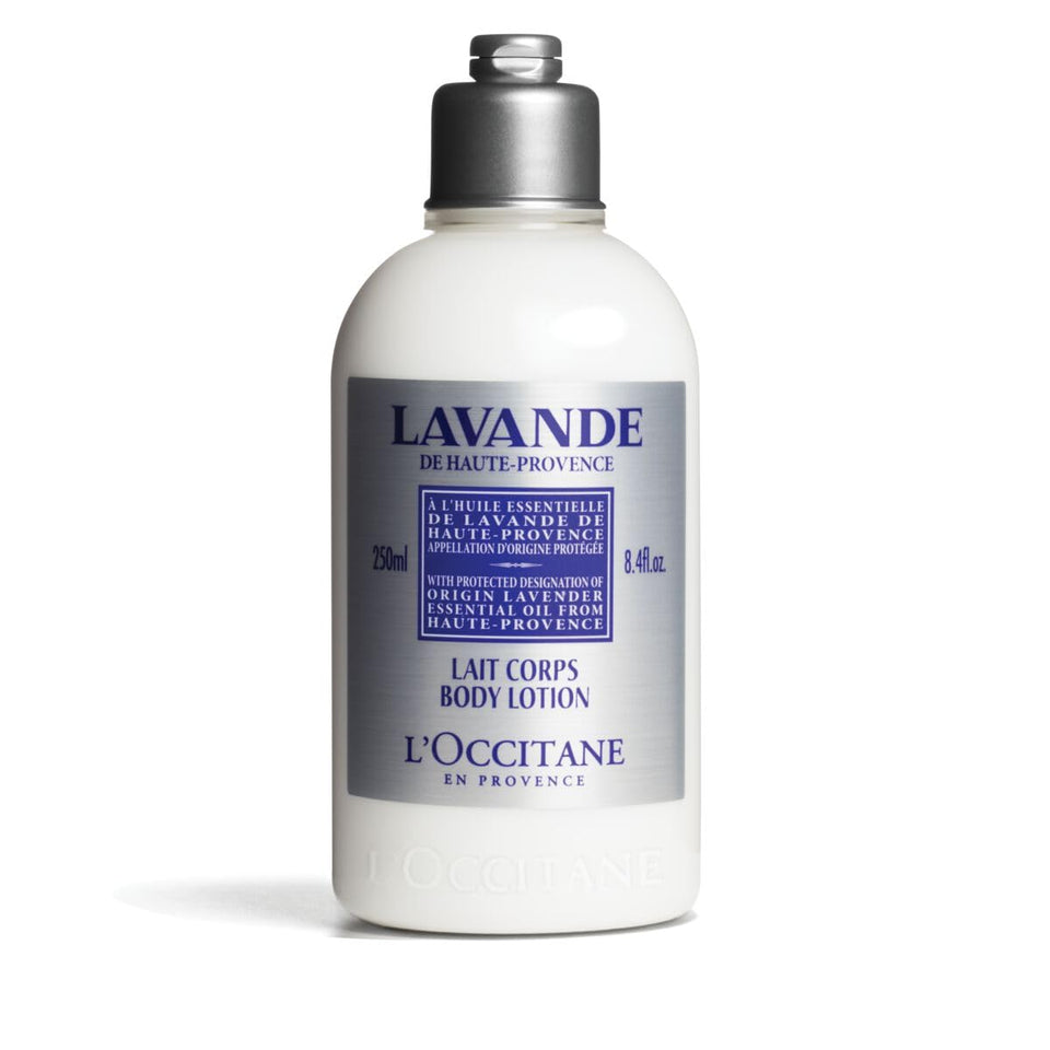 L'Occitane Lavender Body Lotion bottle with lavender scent for moisturized skin.