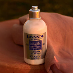 L'Occitane Lavender Body Lotion cap close-up highlighting soothing formula and fragrance.