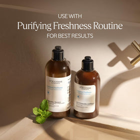 L'Occitane Purifying Freshness Conditioner Refill in bathroom setting.
