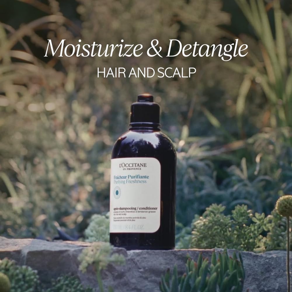 L'Occitane Purifying Freshness Conditioner Refill label close-up highlighting oils.