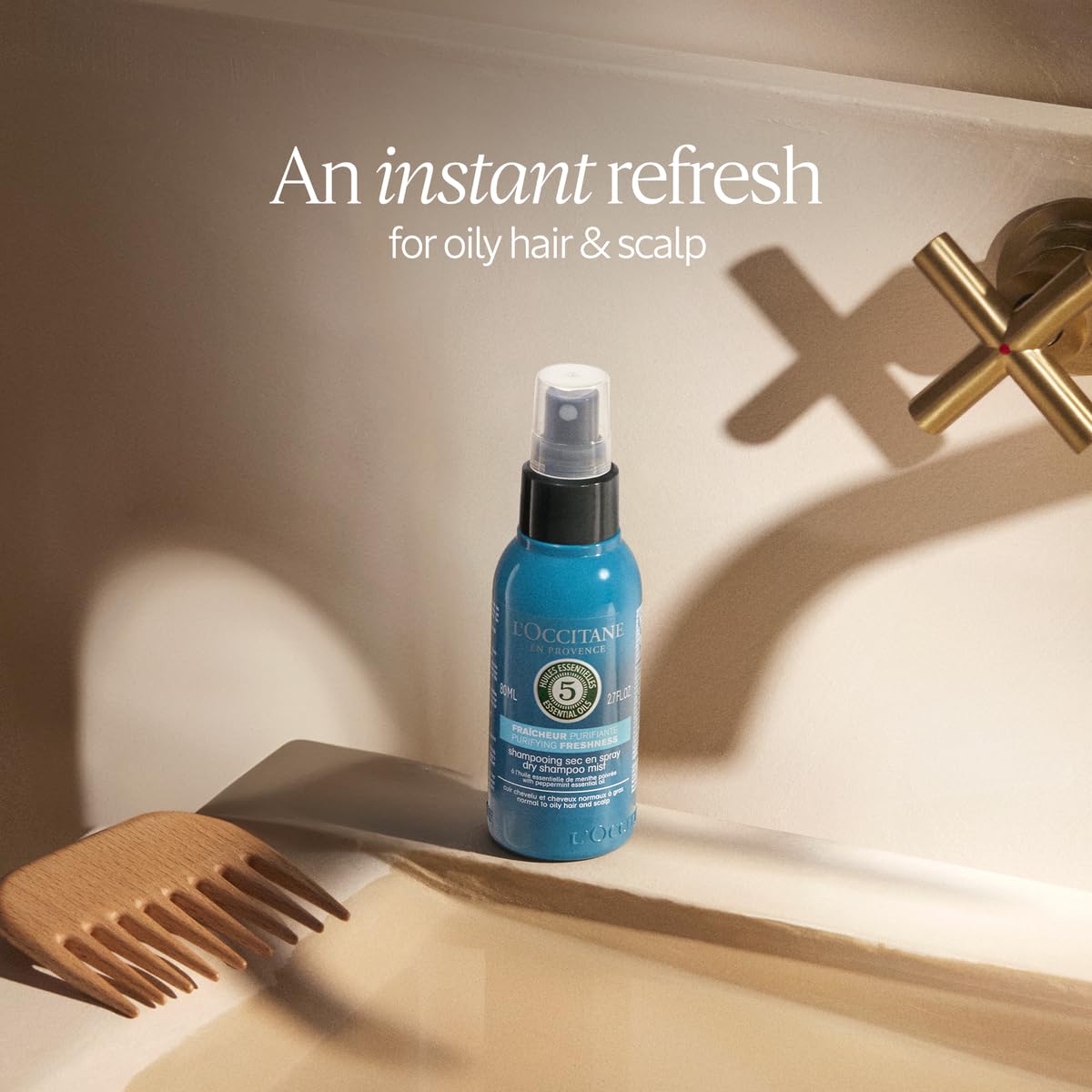 L'Occitane Purifying Freshness Dry Shampoo Mist application spray revitalizing roots without heaviness