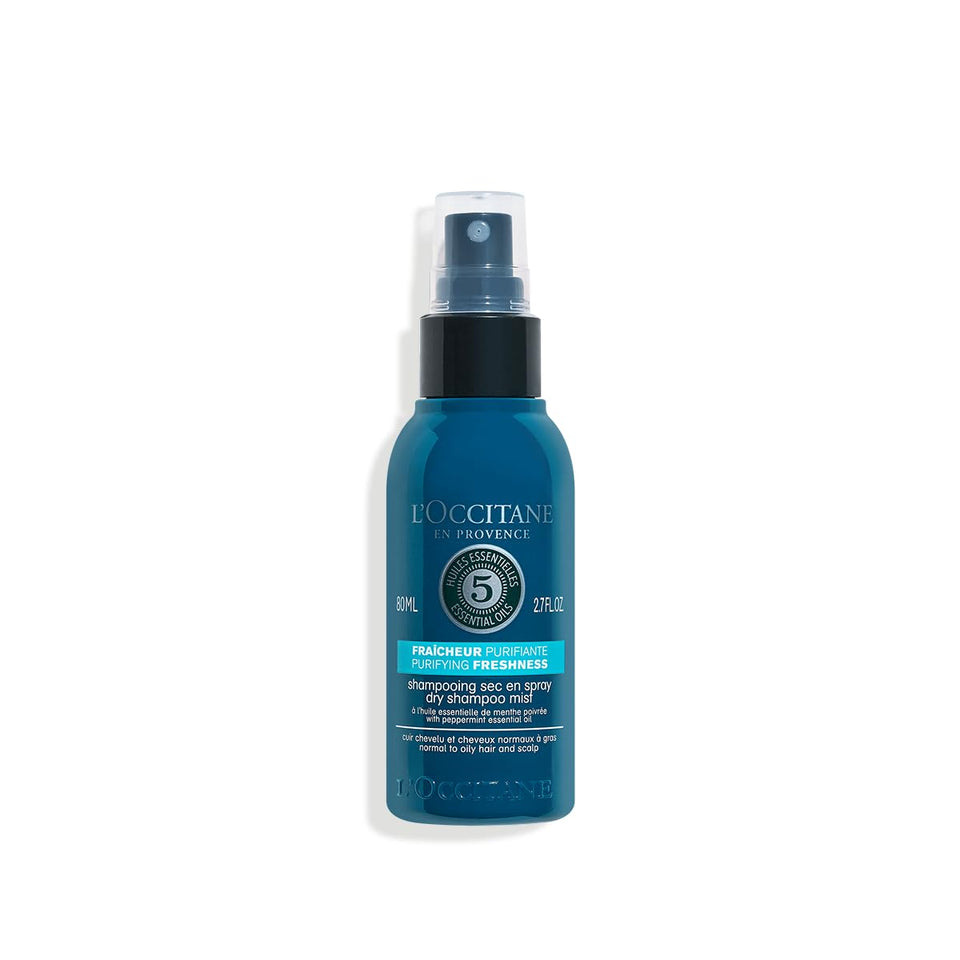 L'Occitane Purifying Freshness Dry Shampoo Mist bottle refreshing hair and absorbing excess oil