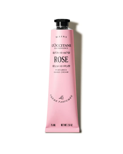 L'Occitane Rose Hand Cream bottle with shea butter for nourished hands.