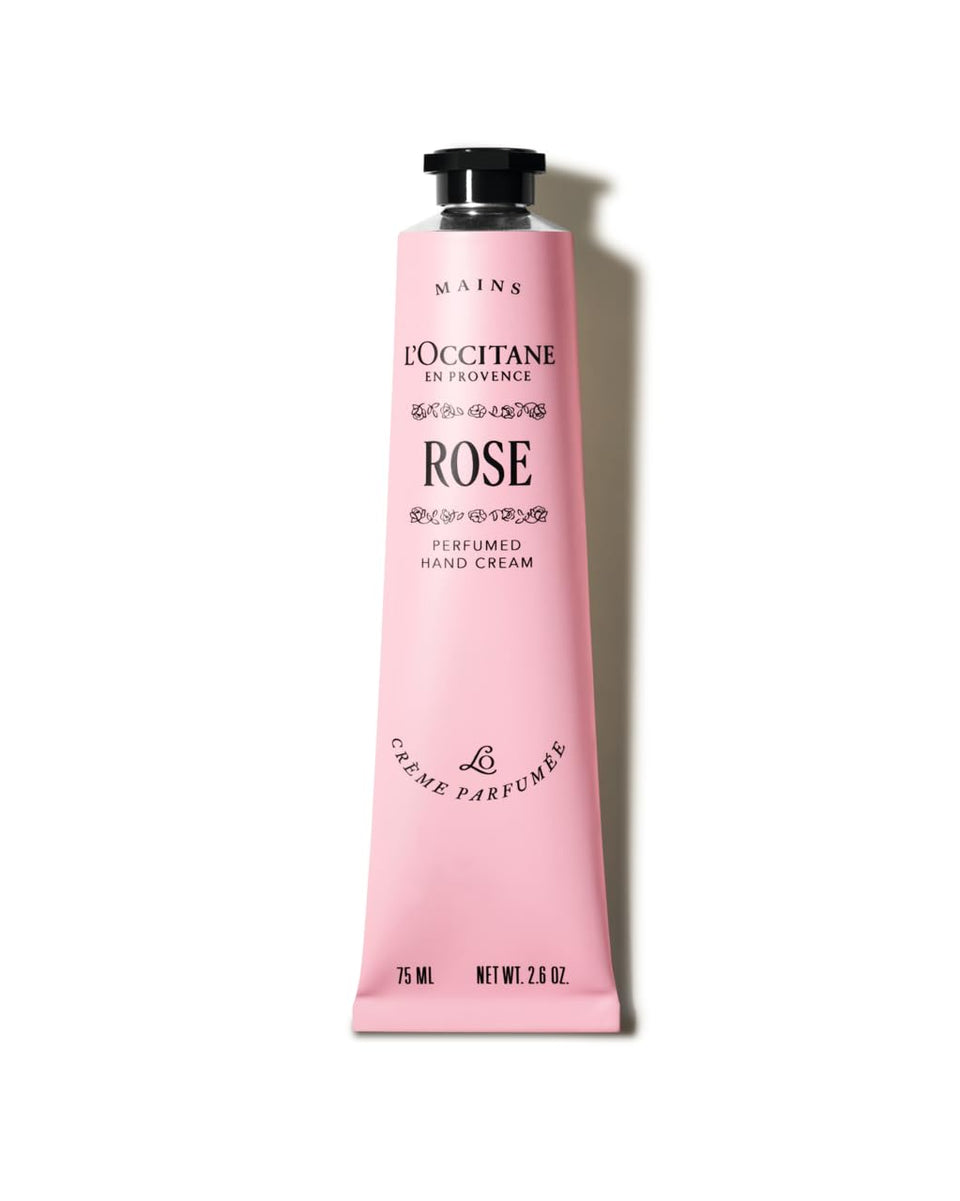 L'Occitane Rose Hand Cream bottle with shea butter for nourished hands.