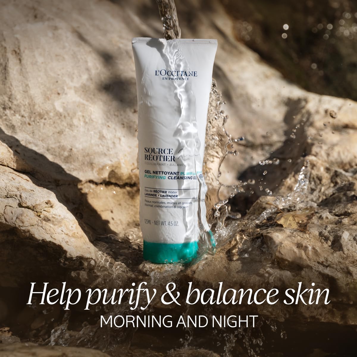 L'Occitane Purifying Cleansing Gel tube close-up highlights gentle cleanse and mineral-rich hydration.