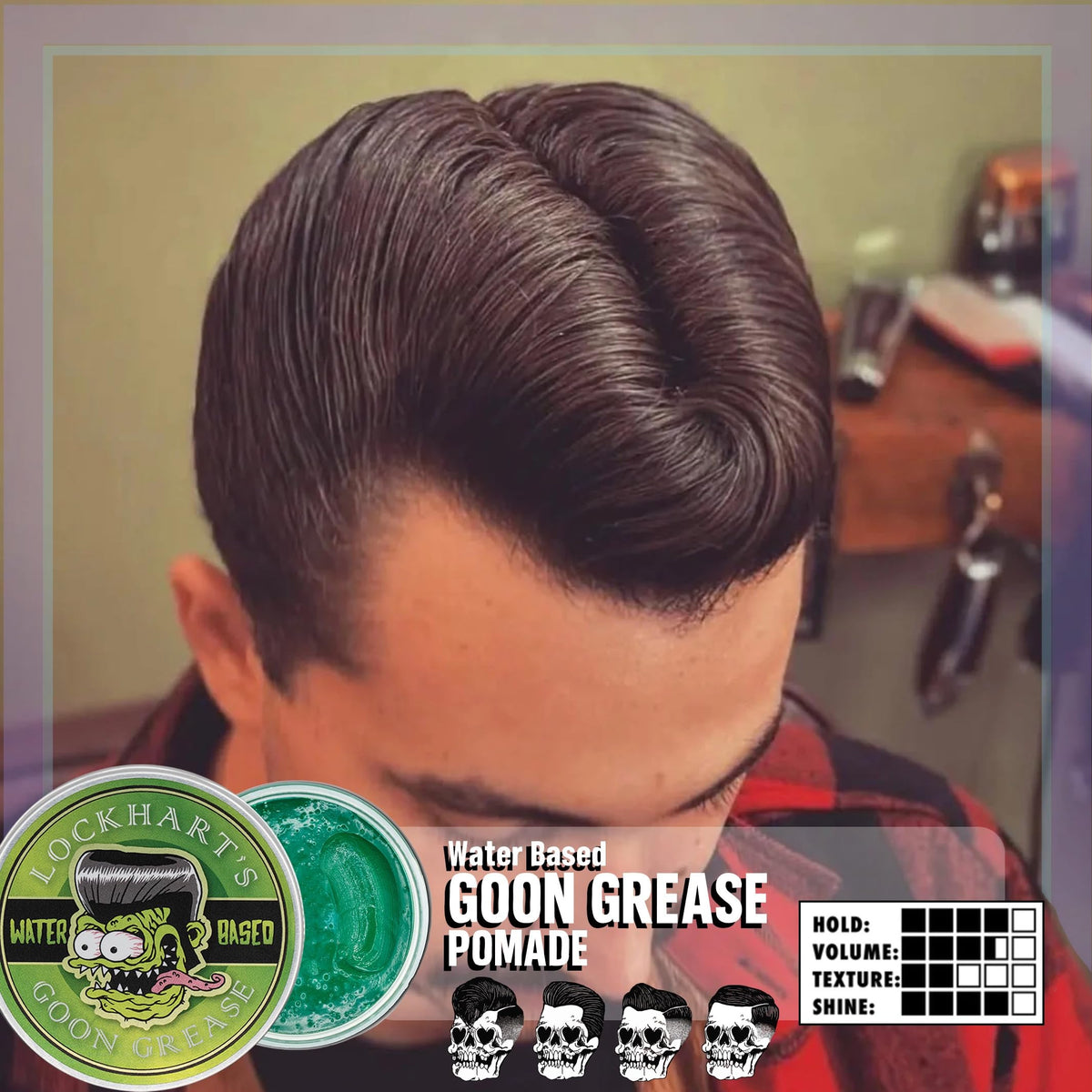 Lockhart's Goon Grease hair with high shine finish after styling.