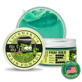 Lockhart's Goon Grease tin front view highlighting strong hold and shine.