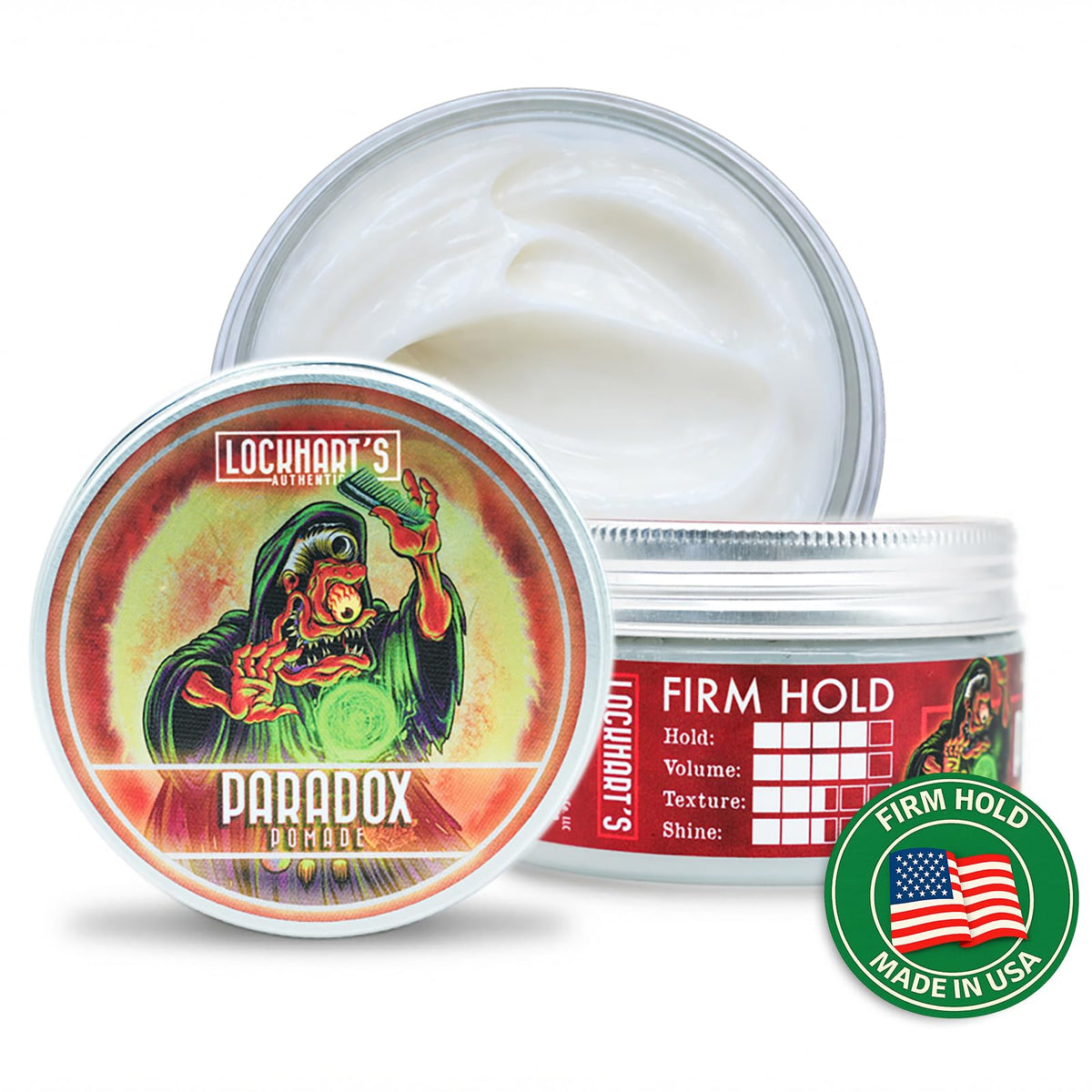 Lockhart's Paradox pomade jar close-up, premium packaging, signaling firm hold.