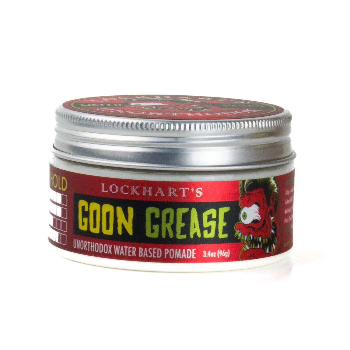 Hair styled into a modern pompadour with Lockhart's Goon Grease, flexible hold.