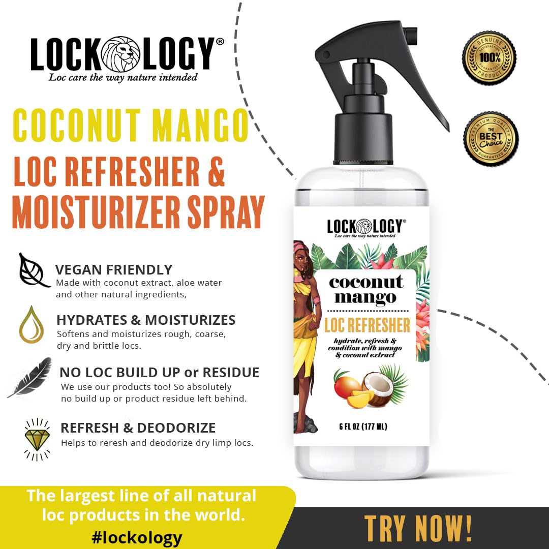 Lockology Coconut Mango Loc Spray being applied to damp locs for hydration